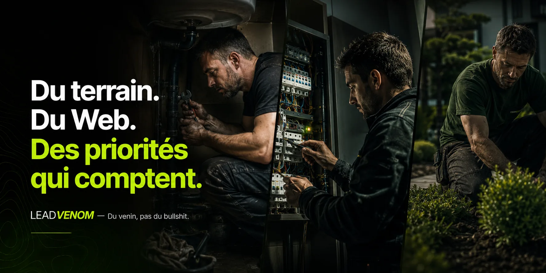 Montage montrant des interventions en plomberie, électricité et entretien paysager