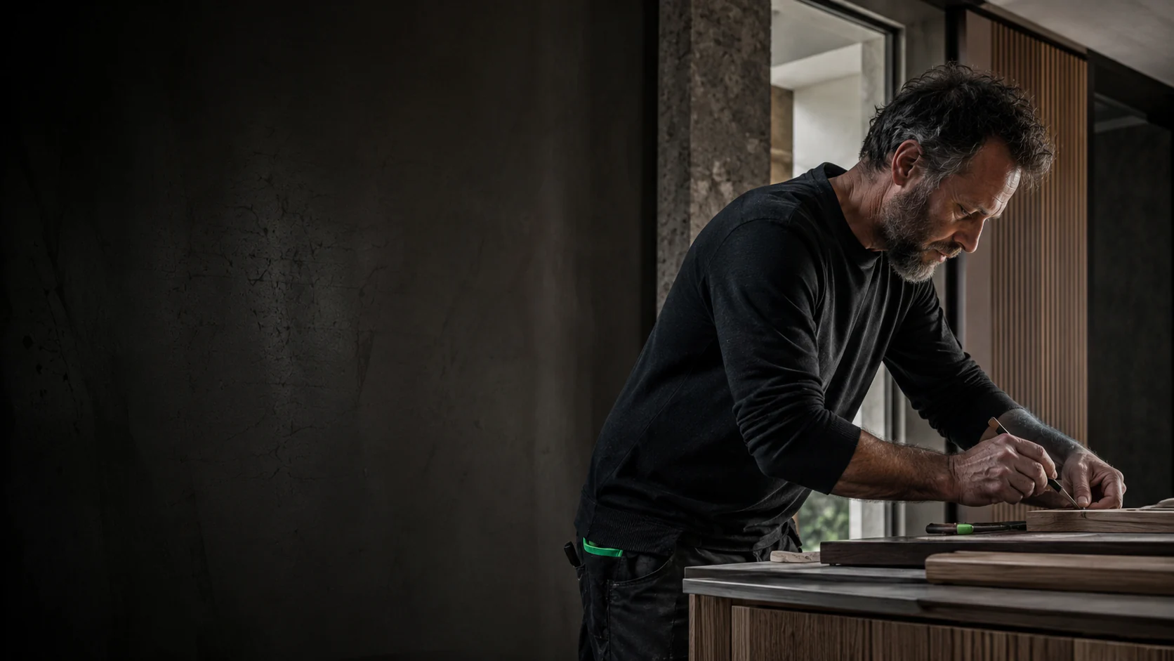 Artisan travaillant avec précision sur des pièces de bois