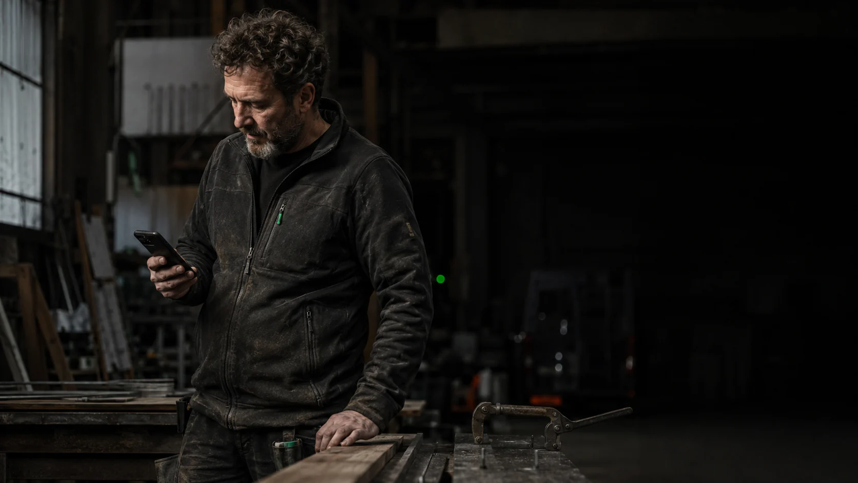 Artisan consultant son téléphone dans son atelier