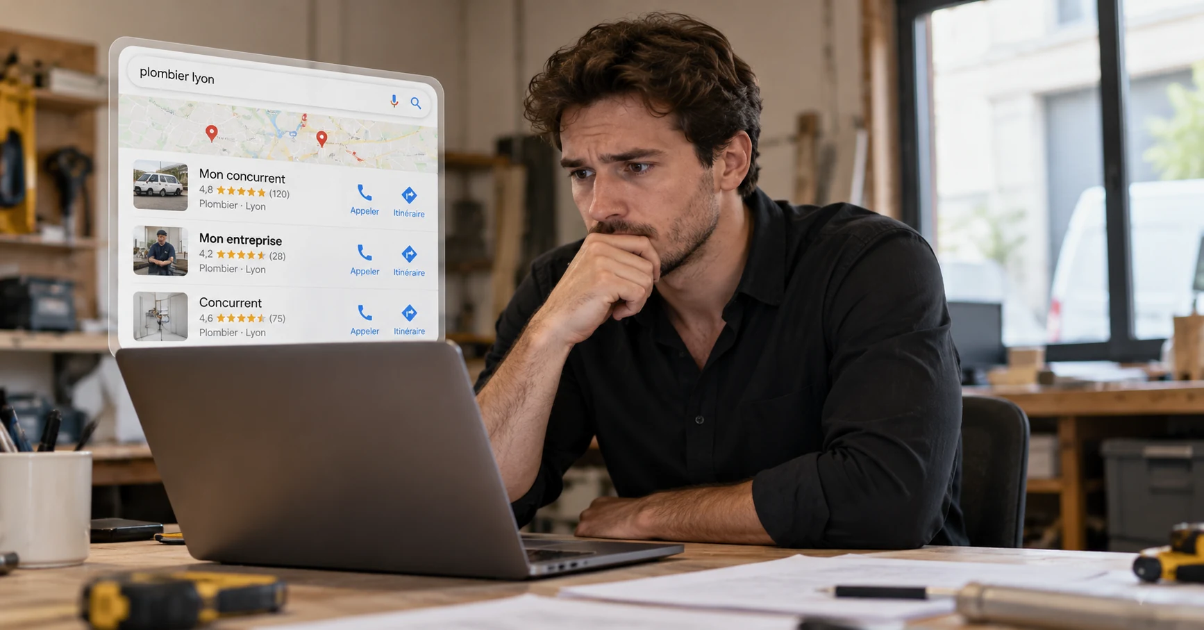 Artisan comparant la visibilité de son entreprise et de ses concurrents sur Google