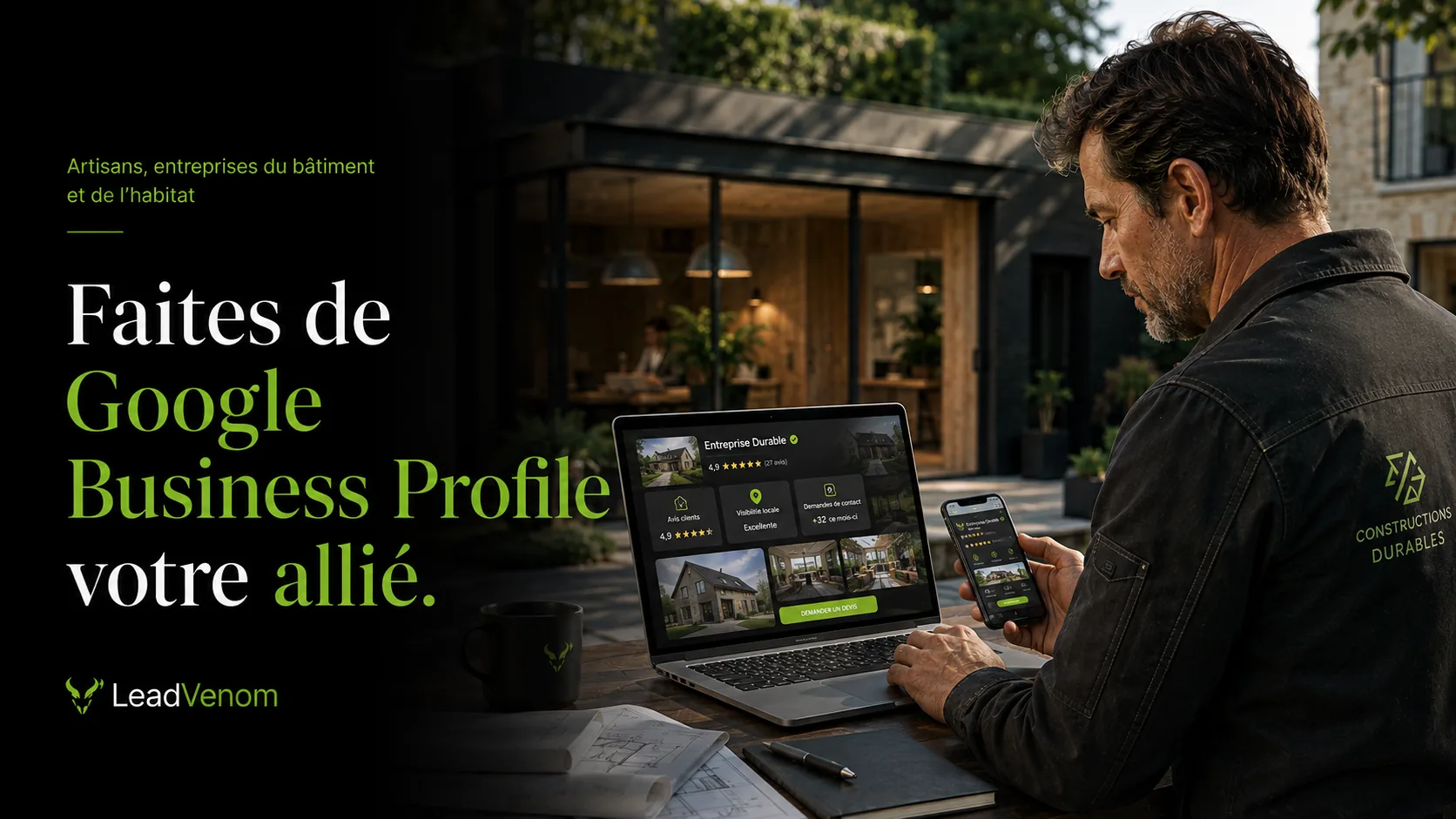 Illustration d’un professionnel consultant une fiche Google Business Profile sur ordinateur et téléphone