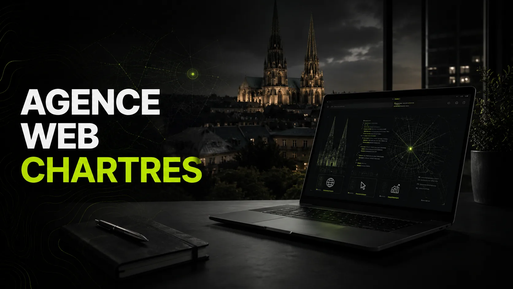 Ordinateur affichant un tableau de visibilité web devant la cathédrale de Chartres