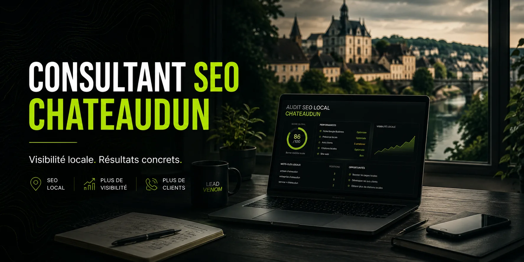 Ordinateur affichant un audit SEO devant le château de Châteaudun