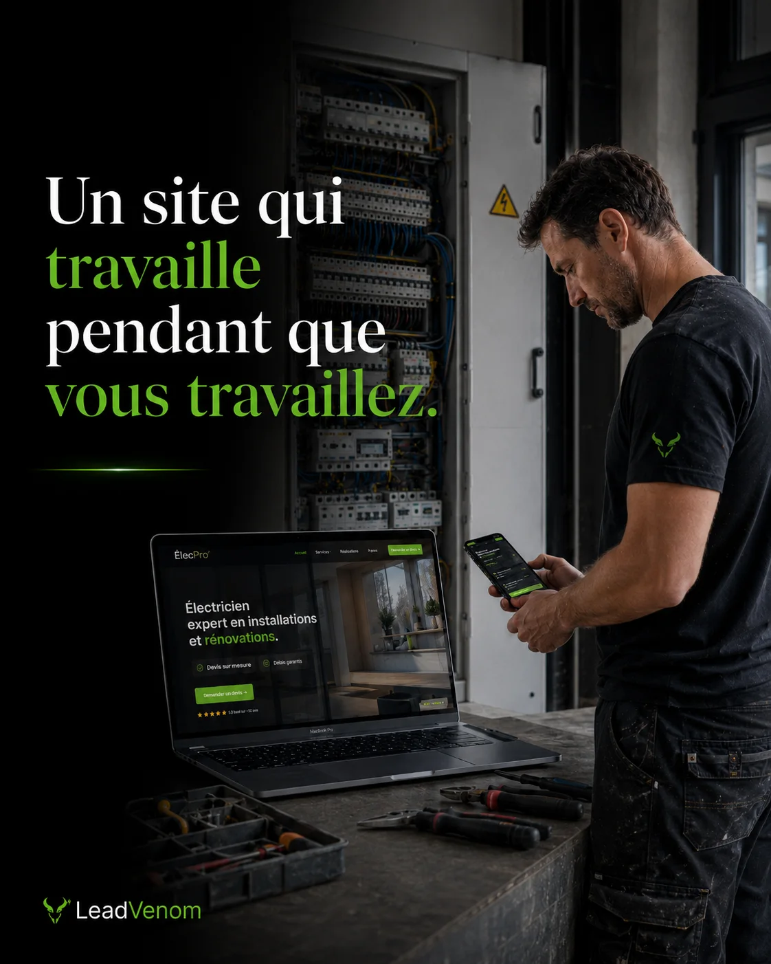 Électricien travaillant devant un tableau électrique