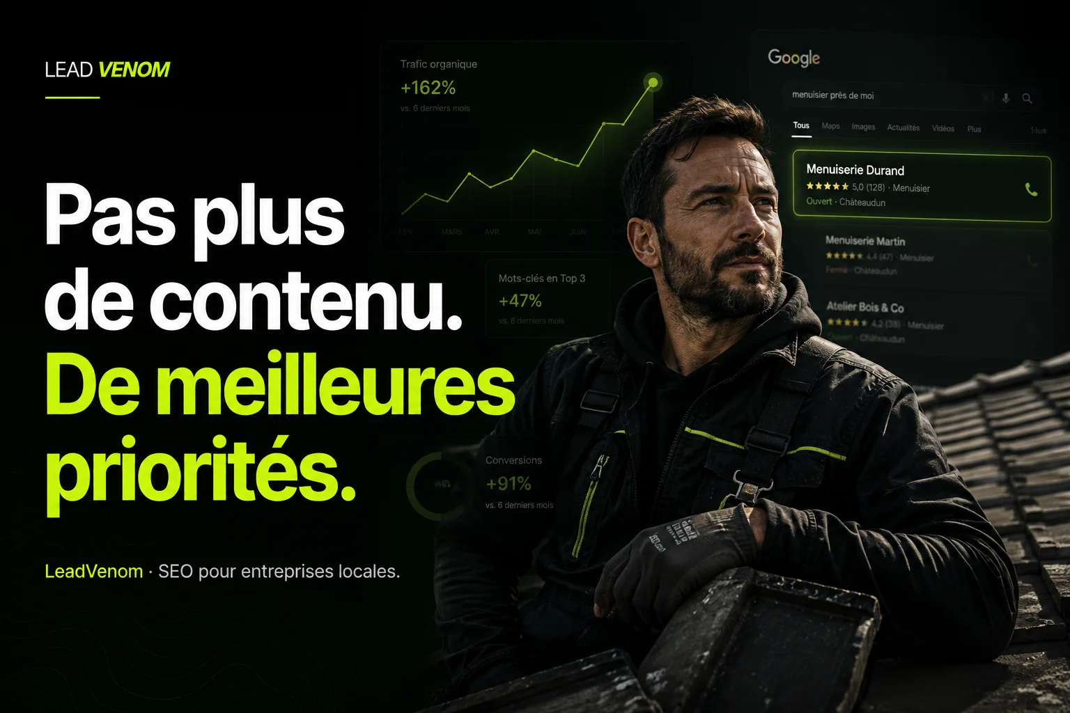 Illustration LeadVenom d’un menuisier devant des interfaces fictives de visibilité locale