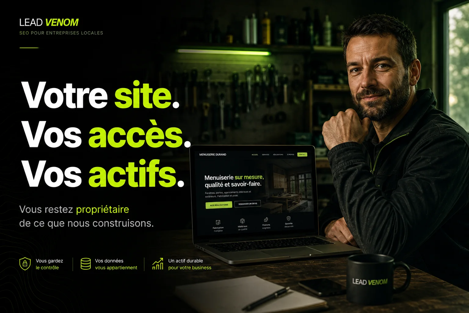Illustration LeadVenom d’un menuisier avec un aperçu de site web dans son atelier