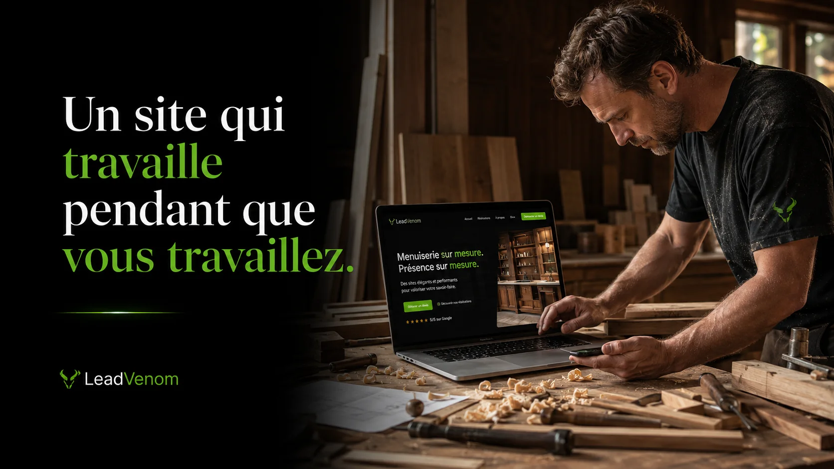 Illustration LeadVenom d’un menuisier travaillant le bois devant un aperçu de site web