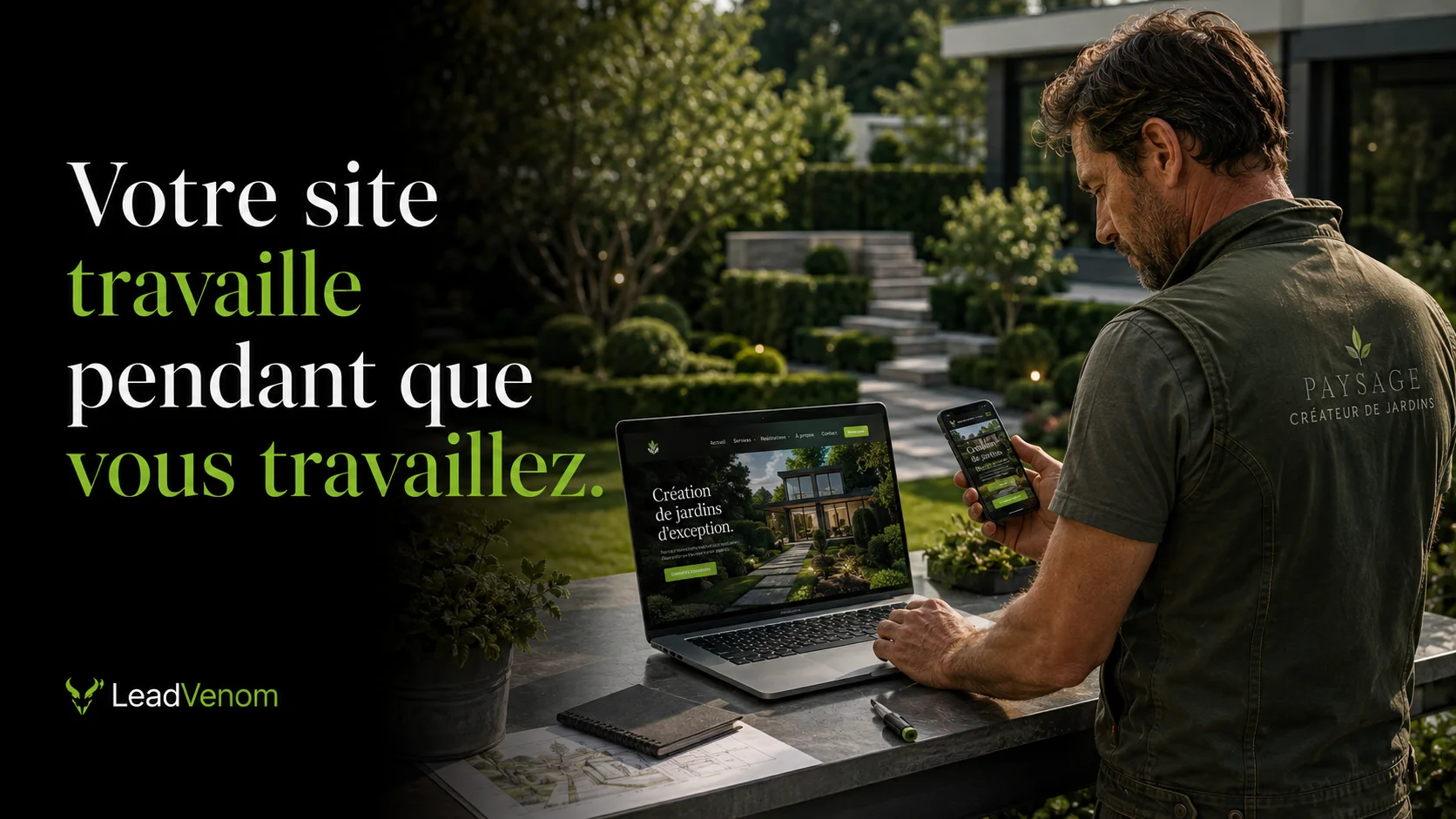 Illustration LeadVenom d’un paysagiste consultant un site internet dans un jardin aménagé