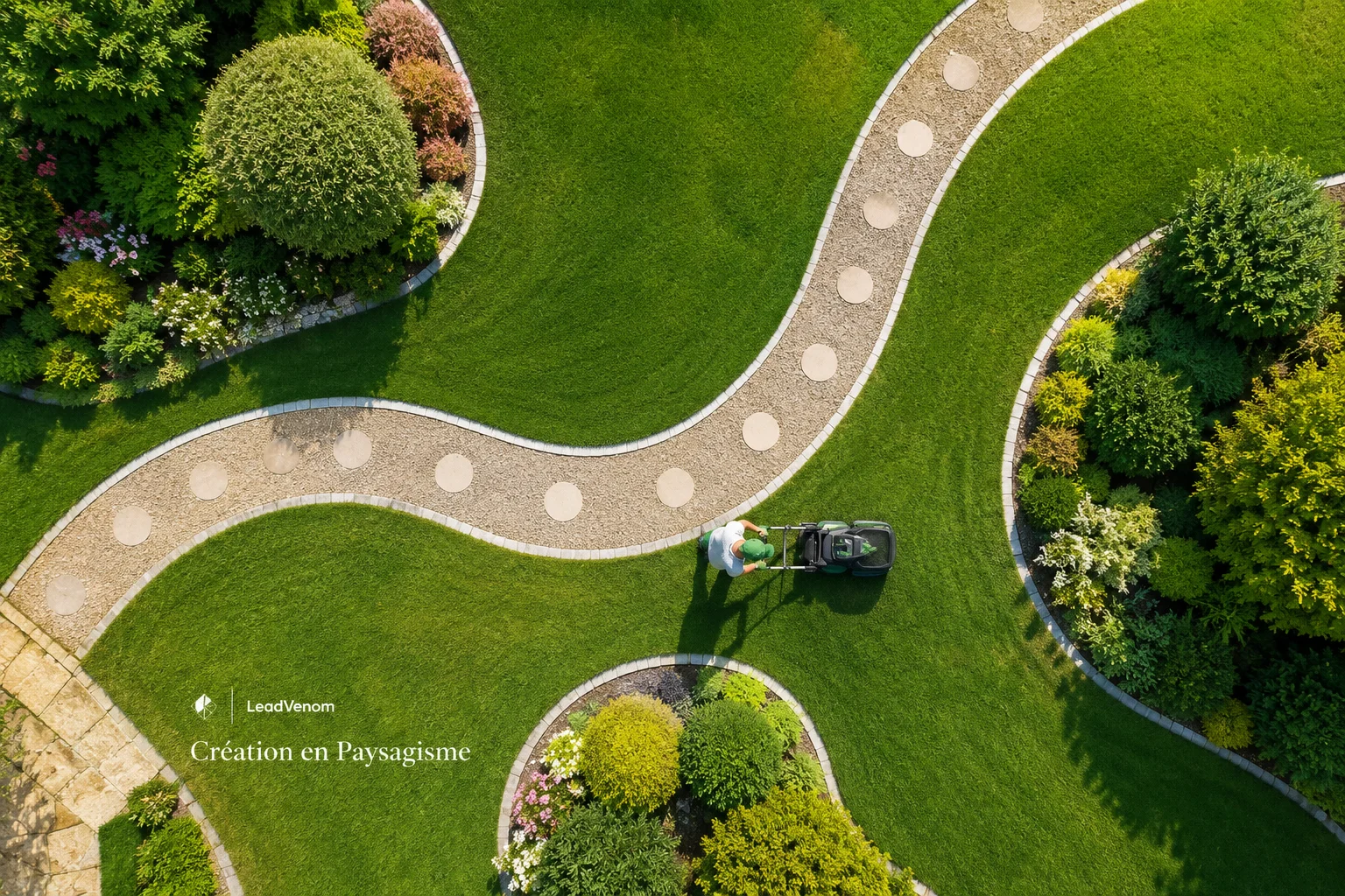 Vue aérienne d’un jardin paysager avec pelouse, massifs et cheminement courbe