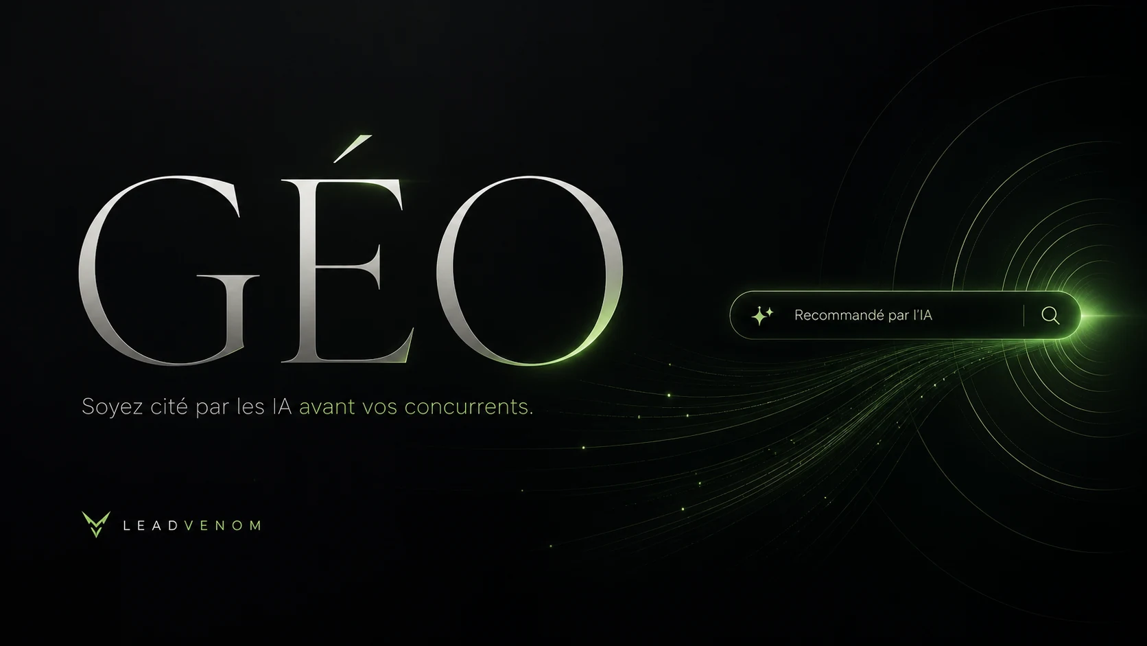 Illustration GEO LeadVenom reliant une recommandation générée par l’IA à la visibilité d’une entreprise