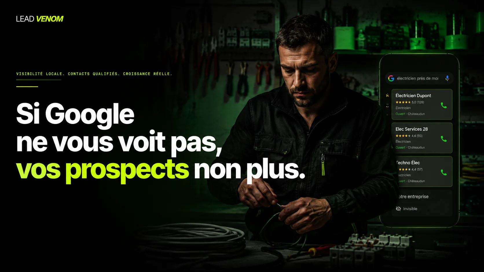 Artisan électricien à son atelier avec un aperçu de résultats Google locaux